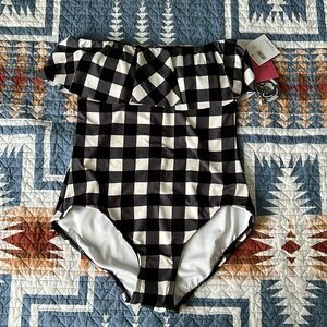 Kate Spade black checkered strapless/with strap swimsuit, size medium